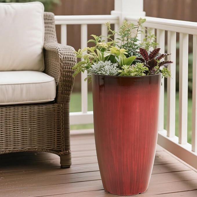 Worth Garden 20" H. Plastic Planters - Set of 2 Gradient Red Glossy Smooth Finish - Tall Plant Pots Drain Hole for Indoor Outdoor Use - Decorative Lightweight Flower Pots for Front Porch, Patio, Deck-Ruum Studio Home