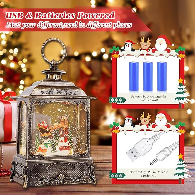Christmas Snow Globes,Christmas Decorations for Home,with 6 Hour Timer,Musical Snow Globe,Battery Or USB Powered,Christmas Lantern,Christmas Festival Decor, Reindeer Vehicle-Ruum Studio Home