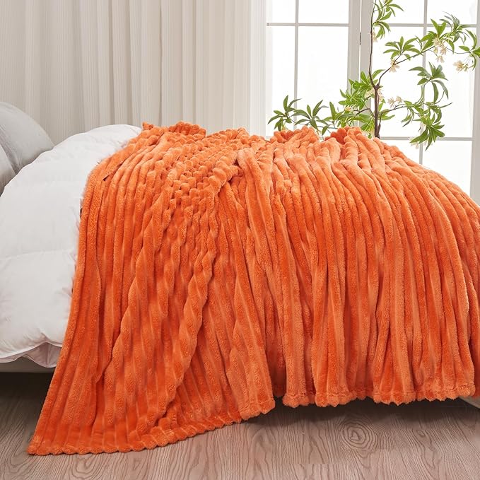 NEWCOSPLAY Super Soft Fall Queen Blanket Orange Premium Silky Flannel Fleece 3D Ribbed Jacquard Lightweight Bed Blanket All Season Use (Orange Ribbed, Queen(90"x90"))-Ruum Studio Home
