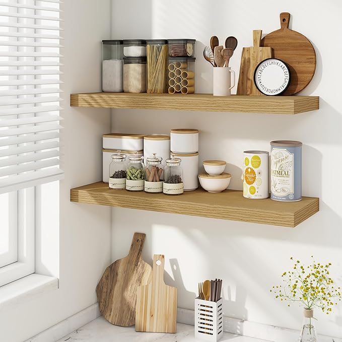 Fun Memories Floating Shelves for Wall, 30 Inch Rustic Wood Wall Mounted Shelves for Bathroom, Bedroom, Kitchen, Living Room, Deep Floating Shelves for Storage & Home Decor (Oak, Set of 2)-Ruum Studio Home