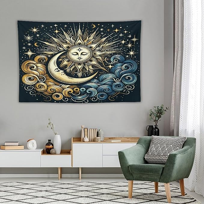 HZOHNAGO Sun Moon Tapestry Boho Golden Stars Pattern Printed Wall Tapestry Wall Hanging for Bedroom Living Room Dorm 60" W x 40" H-Ruum Studio Home