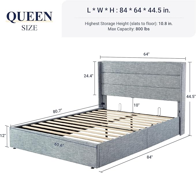 Allewie Queen Size Lift Up Storage Bed, Modern Wingback Headboard, Hydraulic Support, No Box Spring Needed, Grey Blue-Ruum Studio Home