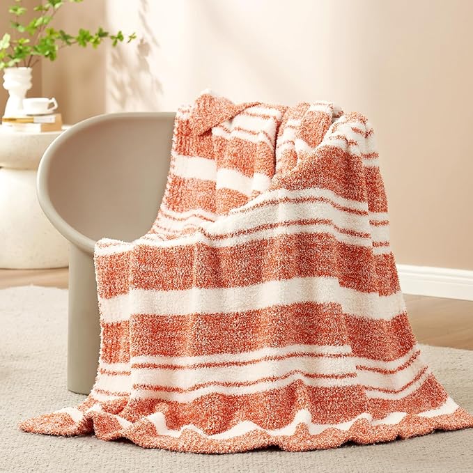 Snuggle Sac Orange Fall Throw Blanket for Couch, Reversible Super Soft Blankets Warm Cozy Knit Fuzzy Plush Blankets for Sofa,Living Room, Stripe Orange,50x60 inches-Ruum Studio Home