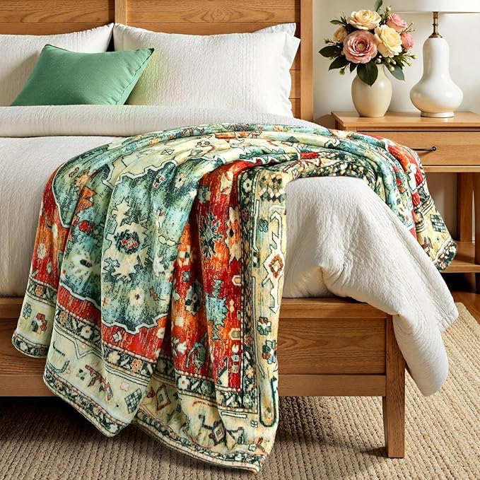 Lahome Boho Red Fluffy Bed Blanket, Reversible Soft Small Blankets for Couch, Decorative Fleece Throw Blankets for Women Home Retro Decor, Red 50''x60''-Ruum Studio Home