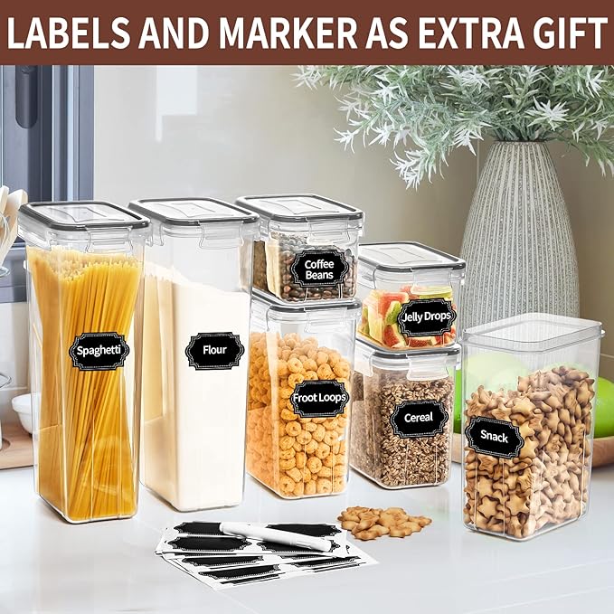 PRAKI Airtight Food Storage Containers Set with Lids - 24 PCS, BPA Free Kitchen and Pantry Organization, Plastic Leak-proof Canisters for Cereal Flour & Sugar - Labels & Marker(Grey)-Ruum Studio Home