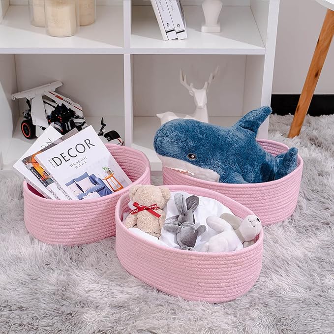 Cute Baskets for Shelf Storage Small Woven Basket to Store and Organize Daily Items/Durable Rope Basket for Living Room, Bedroom,Playroom/Oval-13x8.66x5.11’’,Stylish 3 Packs Pink-Ruum Studio Home