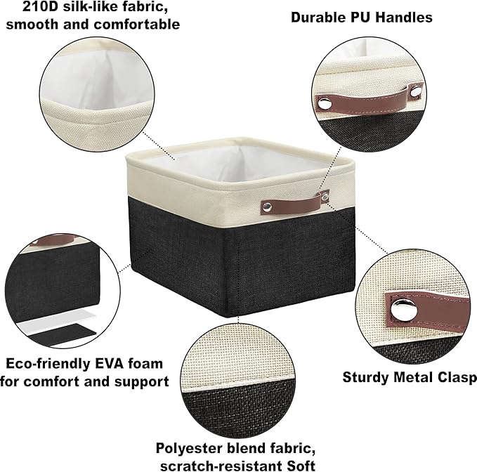 SIMPLE HOUSEWARE Large Fabric Storage Bin, 15" x 11" with Leather Like Handles, 3 Pack, Black-Ruum Studio Home
