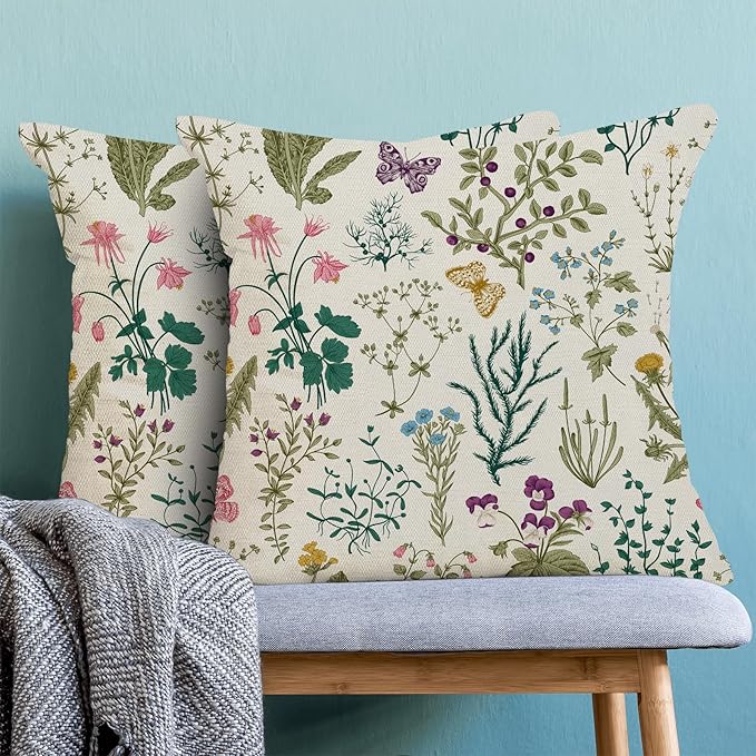 CXMEIFLY Spring Pillow Covers 16 x 16 Inch Set of 2 Vintage Sage Green Teal Wild Flowers Decor Throw Pillows Leaves Plant Outdoor Farmhouse Decorative Cushion Cases for Couch Bed Sofa Decoration-Ruum Studio Home