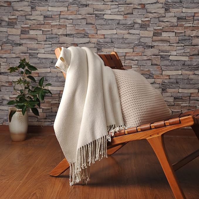 CUDDLE DREAMS Silk Throw Blanket with Hand-Knotted Fringe, Natural, Soft & Breathable (Ivory)-Ruum Studio Home