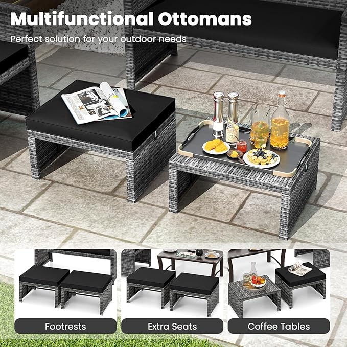 Tangkula 2 Pieces Patio PE Rattan Ottomans, Multipurpose Outdoor Footstool Footrest Additional Seating Side Table with Soft Zippered Cushions for Deck, Garden, and Yard (Black)-Ruum Studio Home