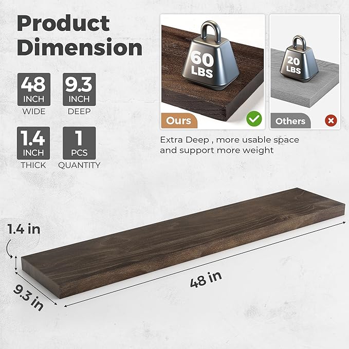 RICHFOCUS Elm Floating Shelves for Wall - 48" W x 9.3" D Rustic Solid Wood Shelves with Invisible Bracket, Wall-Mounted for Living Room, Bedroom, Kitchen Storage & Display, Set of 1, Walnut-Ruum Studio Home