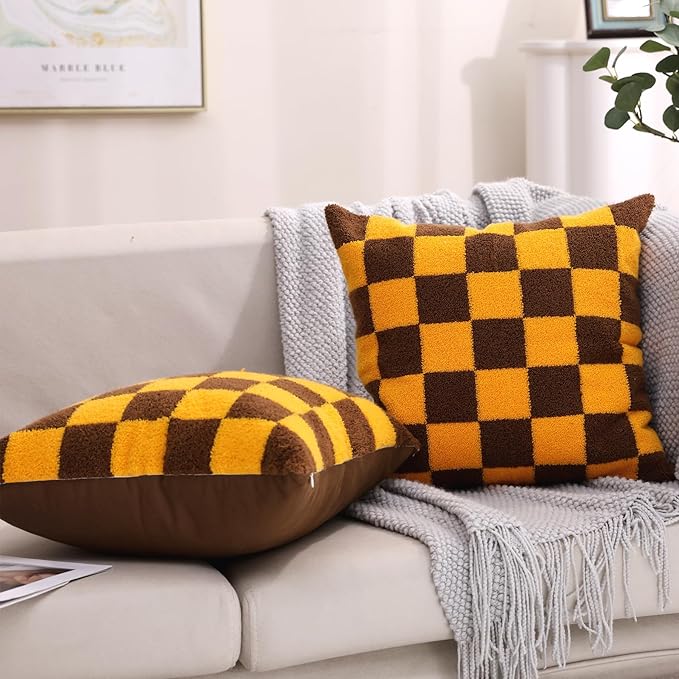Alysheer Checkered Embroidered Decorative Throw Pillow Covers 18"x 18" Set of 2, Farmhouse Maillard Orange Brown Plaid Tufted Patterned Cotton Canvas Cushion Case for Sofa Couch Bed Living Room-Ruum Studio Home