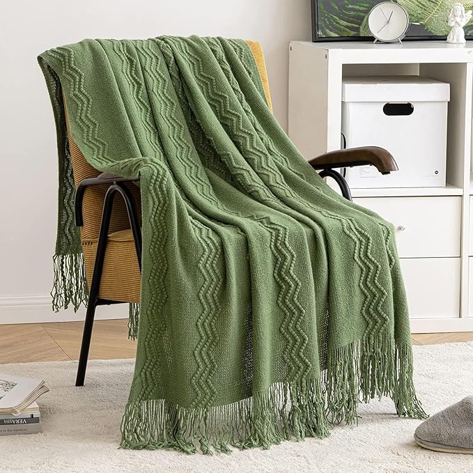 MIULEE Moss Green Knitted Throw Blanket for Couch Textured Knit Blanket with Tassels Cozy Woven Bed Blanket for Sofa Bed Chair Wave Pattern Spring Home Decor for All Seasons 50"x60"-Ruum Studio Home