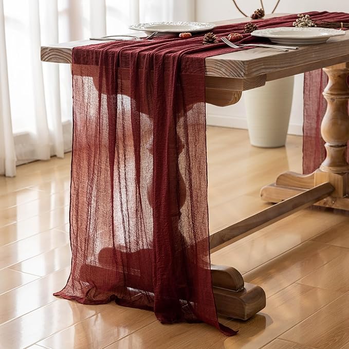 6pcs Burgundy Cheesecloth Table Runner Gauze 120 Inch 10 FT Rustic Boho Cheese Cloth Runner for Wedding Baby Shower Bridal Shower Engagement Birthday Party Long Sheer Home Decorations-Ruum Studio Home