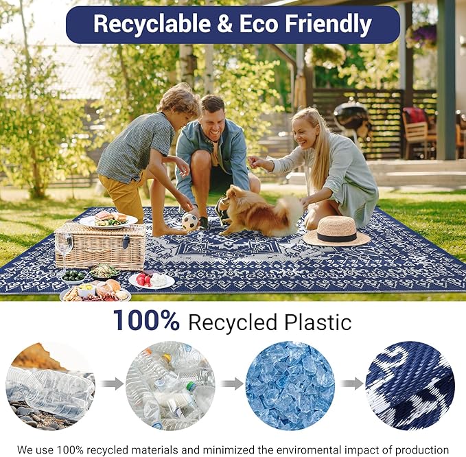 GAOMON Large Outdoor Plastic Straw Rug 10x14 Waterproof Patio Rug Reversible Foldable Portale Camping Mat with Stakes & Bag, Vintage Boho Outside Carpet for RV Garden Deck Porch, Navy-Ruum Studio Home