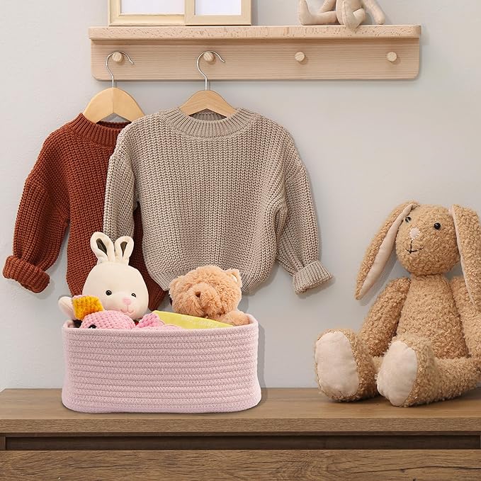 Small Woven Storage Baskets 13“X9”X5“ Decorative Rope Bins for Organizing Shelves, Closets, and Toys, Empty Gift Baskets, Cute Organizer Basket for Home and Office (pink, Large)-Ruum Studio Home
