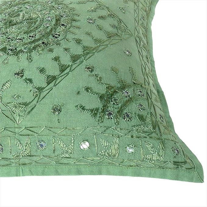 Eyes of India Embroidered Decorative Boho Throw Pillow Cover with Mirrors, Handmade Bohemian Accent Cushion Case for Sofa Couch Bedroom Living Room (Green, 16" x 16")-Ruum Studio Home