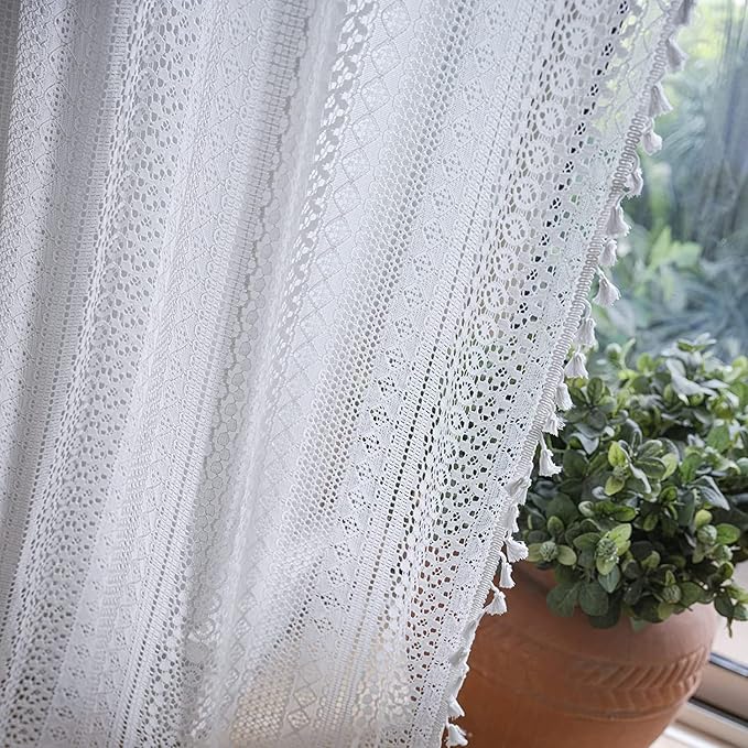 Sutuo Home White Crochet Boho Curtains 72 Inches Length, Sheer Lace Handmade Tassels Knitted Window Treatment Vintage Rustic Bohemian Farmhouse Drape for Bedroom Rod Pocket 1 Panel 59" W x 72" L-Ruum Studio Home