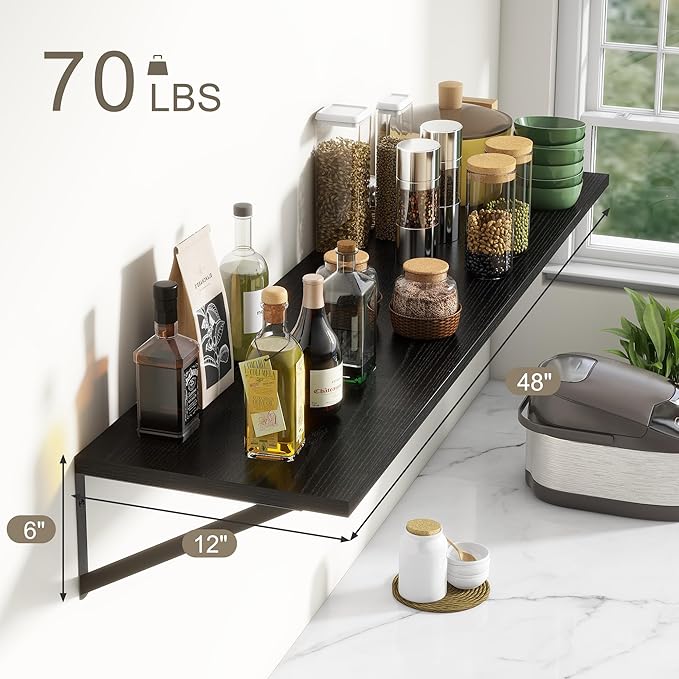 12 Inch Deep Floating Shelves, Black Floating Shelves 48W x 12D, Deep Wall Shelves Bracket Set of 2, Large Display Hanging Floating Shelf for Bathroom, Living Room, Wide Storage Wooden Wall Shelf-Ruum Studio Home