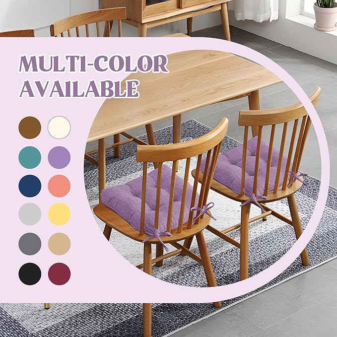 puredown® Chair Cushions for Dining Chairs, Tufted Memory Foam Chair Pads with Non-Slip Backing, Kitchen Seat Cushions with Ties, Washable Seat Pads Set of 4, 15.5" x 15.5" x 4", Purple-Ruum Studio Home
