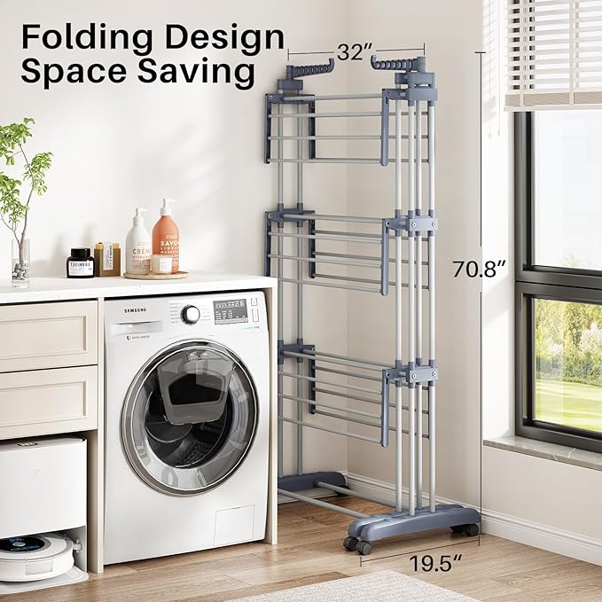 Kitstorack Clothes Drying Rack - Foldable Movable Clothes Rack Drying 30.0" W to 59.0" W Extensible Drying Rack Clothing Oversized 4-Tier Stainless Steel Large Clothes Rack Drying Indoor and Outdoor-Ruum Studio Home