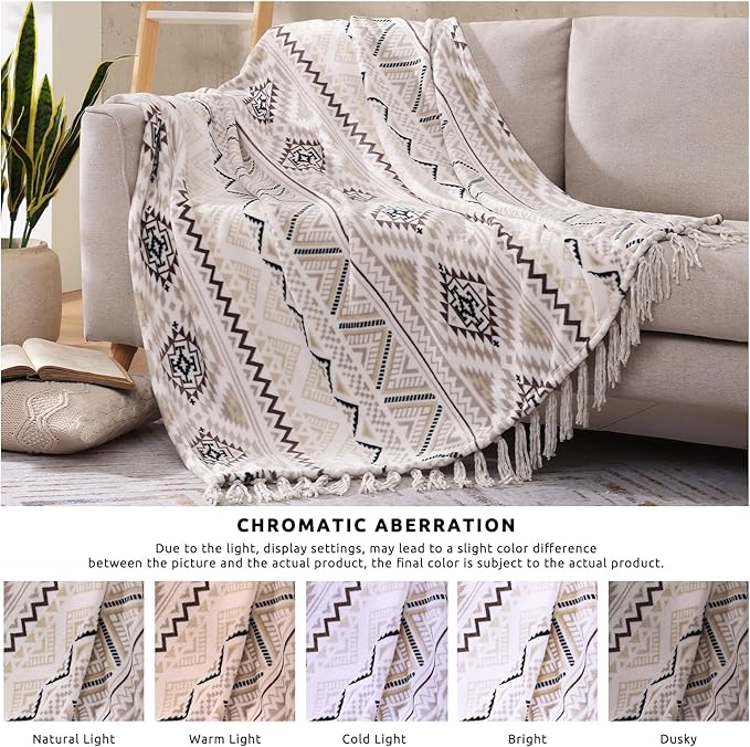 CASAAGUSTO Boho Throw Blanket - Beige and Gray Decorative Blankets with Tassel, Printed Flannel Bohemian Blanket for Chair, Bed, Sofa, Couch(60 * 80, Beige and Gray)-Ruum Studio Home