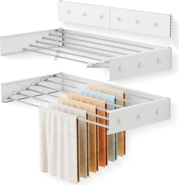 Upgrade Drying Rack Clothing,Clothes Drying Rack Wall Mounted,Laundry Drying Rack Wall Mount,Foldable,Collapsible,Retractable,6 Aluminium Poles,with Hooks,(White 35.5"-Ruum Studio Home