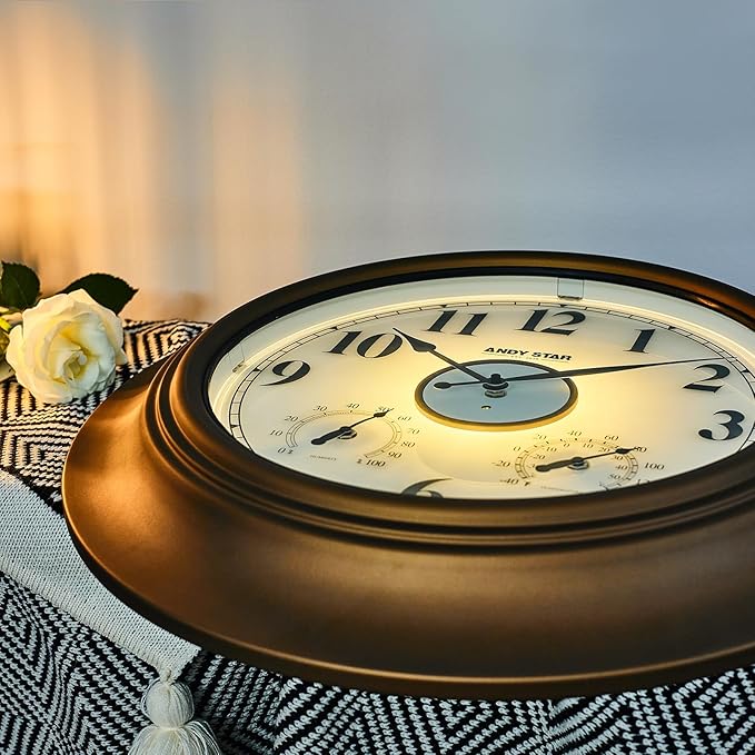 Andy Star 21 Inch Large Luminous Outdoor Wall Clock Waterproof with Temperature, Vintage Round Wall Clocks Battery, Oversized Pool Clock for Garden Patio Rustic Bronze Finish Silent Non Ticking Clock-Ruum Studio Home