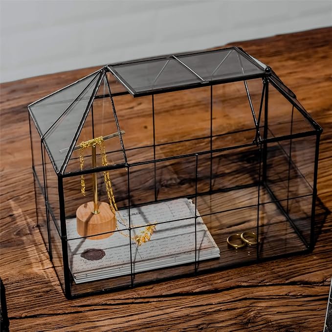 NCYP Glass Terrarium Planter with Lid for Small Succulent Cacti, Grid House Shape Black Geometric Terrarium Pot, Home Garden Indoor Tabletop Decor, 9.84" x 5.31" x 7.87" (No Plants)-Ruum Studio Home