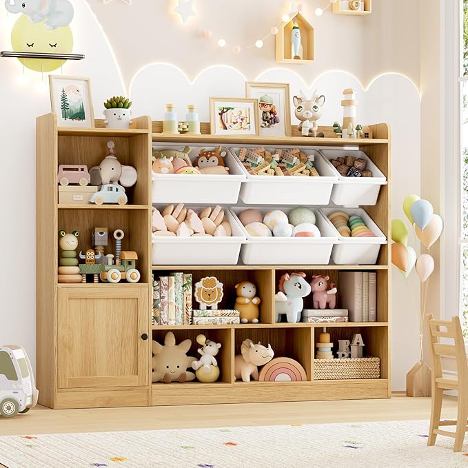 Toy Storage Organizer, 55” Wide Toy Organizers and Storage with 8 Storage Cubbies & 6 Toy Bins, Large Toy Box with Bookshelf, Playroom Storage for Playroom, Oak-Ruum Studio Home
