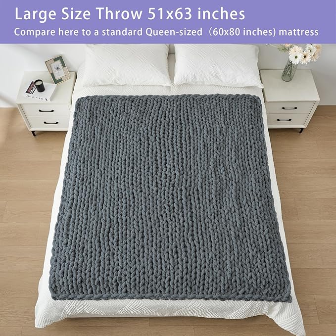 Bigacogo Chunky Knit Throw Blanket for Couch, 51x63 inches, 100% Hand Knitted with Thick Jumbo Chenille Yarn, Cozy Soft Large Rope Knot Cable Crochet Blankets for Sofa Bed Living Room, Iron Gray-Ruum Studio Home