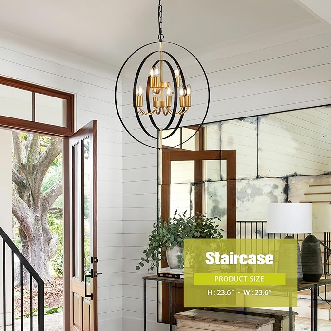 9-Light Globe Rustic Metal Chandelier, 23.6" Black Gold Adjustable Hanging Ceiling Pendant Light Fixture for Entryway Foyer Stairway Bedroom Dining Living Room Hallway-Ruum Studio Home