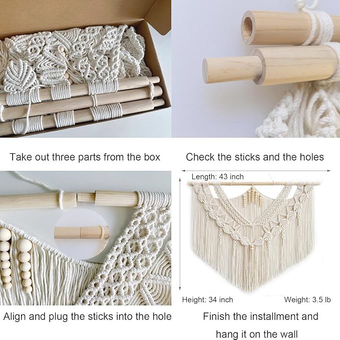 Achart Macrame Wall Hanging Large- Boho Wall Decor- large wall art- Wall Decor Living Room- Macrame Tapestry Boho Decor for Bedroom (Leaf &Wood Bead)-Ruum Studio Home
