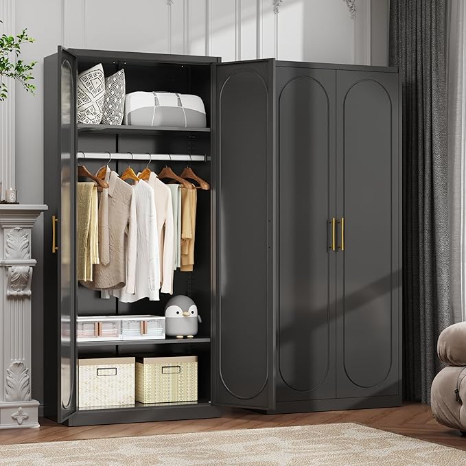 Metal Armoire Wardrobe Closet with 2 Doors, 71" Black Wardrobe Cabinet with Hanging Rod and Adjustable Shelves, Tall Clothing Storage Cabinets for Bedroom, Laundry Room, Home Office-Ruum Studio Home