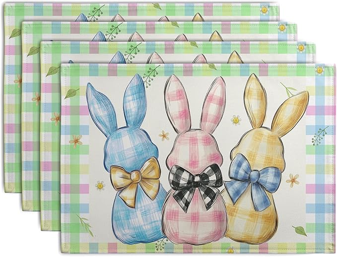 Easter Bunny Placemats Set of 4 Green Blue Pink Yellow Buffalo Plaid Rabbits Floral Bow Place Mats 12x18 Inch Happy Easter Table Mats for Spring Party Kitchen Dining Holiday Decor-Ruum Studio Home