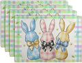 Easter Bunny Placemats Set of 4 Green Blue Pink Yellow Buffalo Plaid Rabbits Floral Bow Place Mats 12x18 Inch Happy Easter Table Mats for Spring Party Kitchen Dining Holiday Decor-Ruum Studio Home