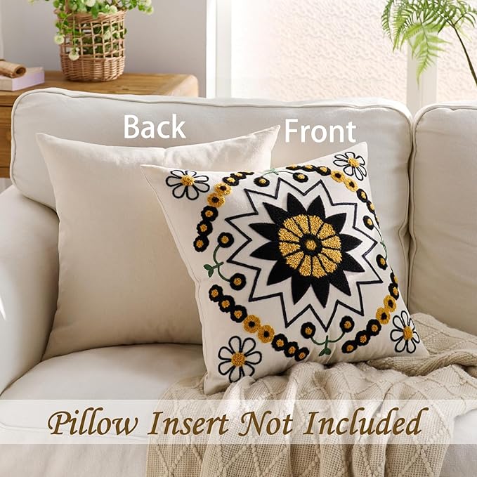 Embroidered Throw Pillow Cover 18x18 Classic Boho Floral Pattern Pillows Cover Outdoor Decorative Pillowcase,Durable Cozy Textured Cushion Case for Sofa Couch Bed Living Room,Black Orange-Ruum Studio Home