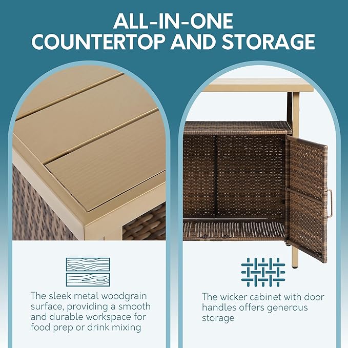 Outdoor Indoor Storage Cabinet with Rolling Wheels, Patio Serving Cart with Bar Table and Wicker Cabinet, Kitchen Island Prep Table, Beige-Ruum Studio Home