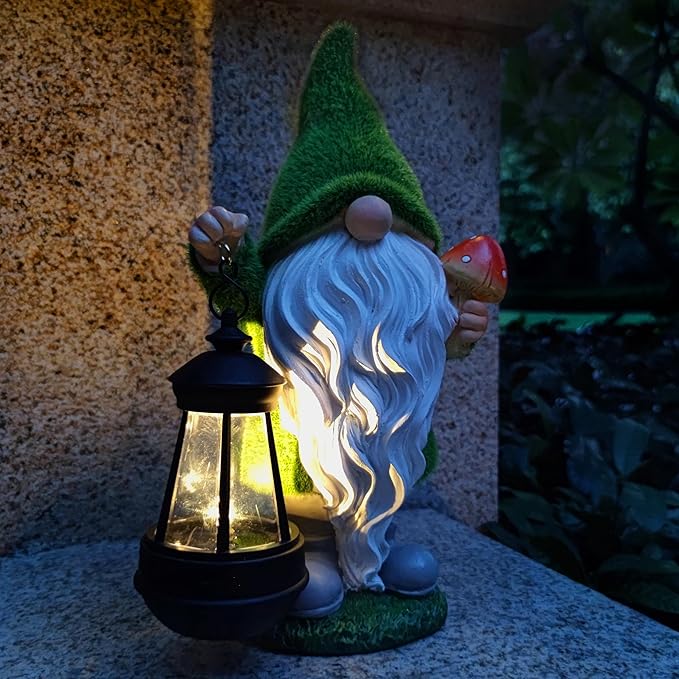 Solar Gnomes Garden Statues,Resin Gnome Figurine Holding Mushroom and Solar Lights Lantern,Outdoor Yard Art Decorations for Garden Patio Lawn-Ruum Studio Home