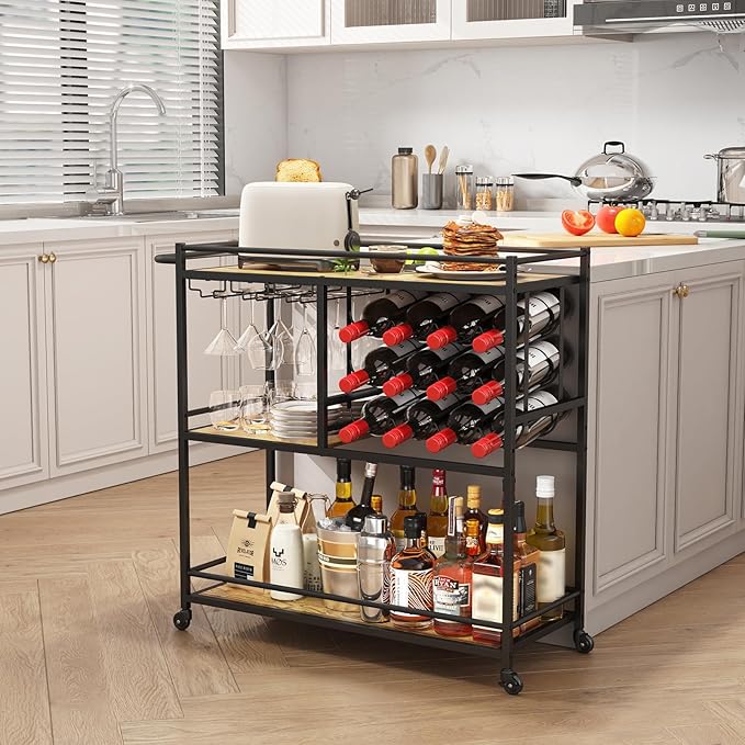 Lifewit Bar Cart for The Home, 3 Tier Drink Cart with Lockable Wheels, 12 Wine Rack and 3 Rows Glass Holders, Liquor Serving Cart for Kitchen Dining Livingroom, 31.6" x 13.1" x 33.9", Rustic Brown-Ruum Studio Home
