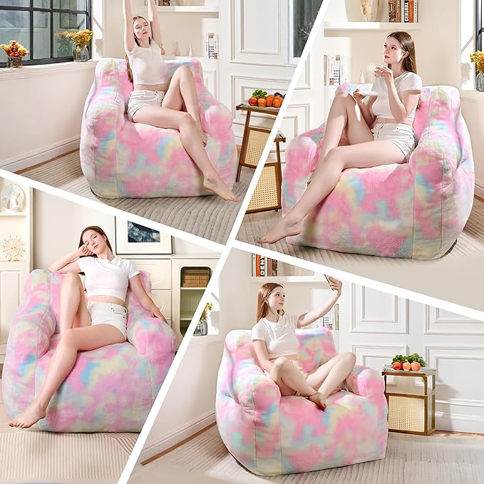 Recaceik Large Plush Bean Bag Chairs, Memory Foam Bean Bag Chair for Adults & Kids with Armrests, Comfy BeanBag Lounge Lazy Floor Sofa Accent Chair for Living Room, Bedroom, Dorm, Colorful Rainbow-Ruum Studio Home