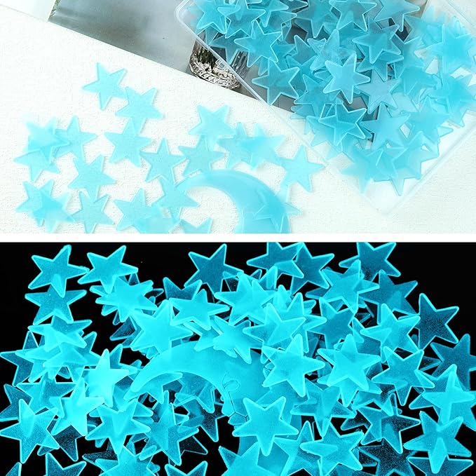 100 Stars and 1 Moon Glow in The Dark Luminous Fluorescent 3D Plastic Glow Stars Moon for Ceiling, Glowing Wall Stickers Create a Realistic Starry Sky, Room Decorations (Blue)-Ruum Studio Home