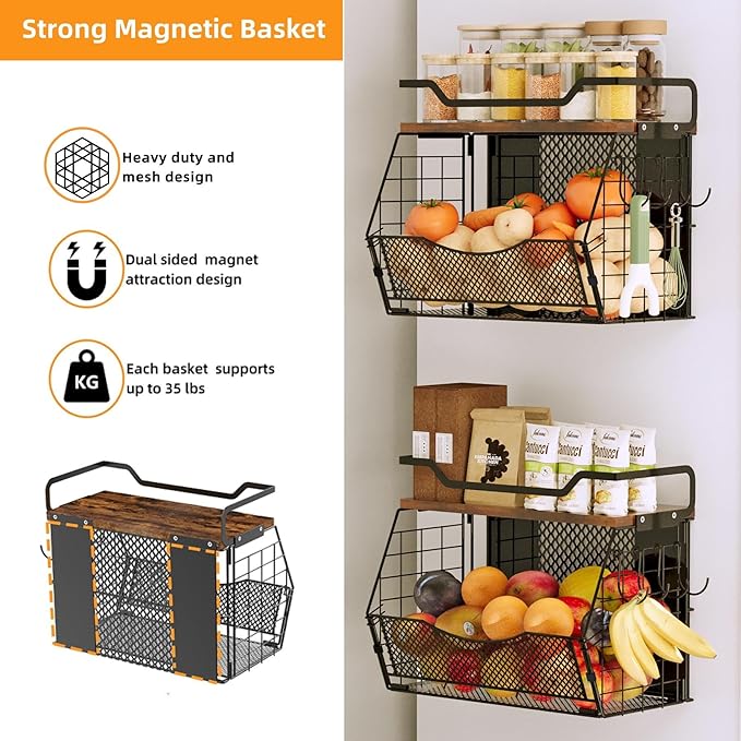 Magnetic Shelf for Fridge with Wood Lid, Magnetic Spice Rack for Refrigerator Large Capacity Sturdy with 4 Hooks,Magnetic Basket for Kitchen Pantry Laundry (1 Set with Buckles)-Ruum Studio Home