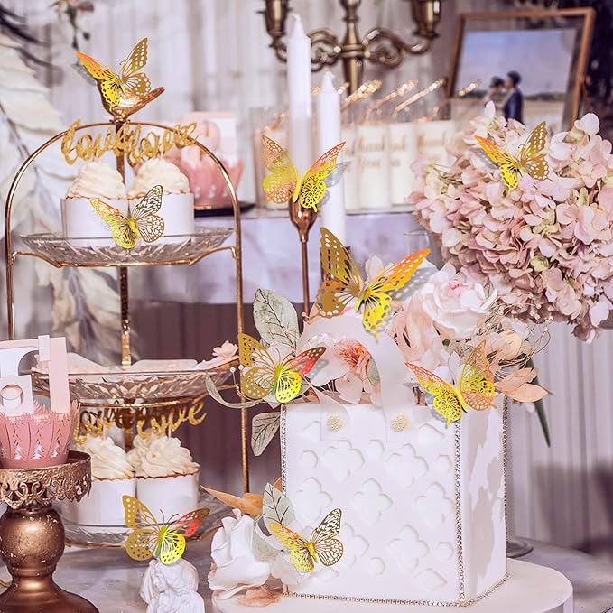 SAOROPEB 3D Butterfly Wall Decor - 48 Pcs, 4 Styles, 3 Sizes - Removable Gold Decorations for Birthday & Party Celebrations-Ruum Studio Home