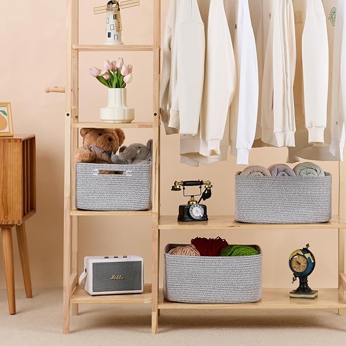 Large Storage Baskets for Shelves, Closet Organizers Bins for Clothes Blanket Towels, Baby Nursery, Toy Baskets Box, Woven Rope Baskets, 17 x 13 x 7.5”, 3 Packs Mixed Grey-Ruum Studio Home