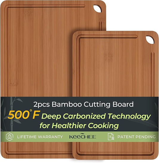 Butcher Block 2-Pcs Carbonized Bamboo Cutting Board Set With Juice Groove For Meal Prep & Cheese Serving - Ideal Kitchen Gift Set of 2 (M+L)-Ruum Studio Home