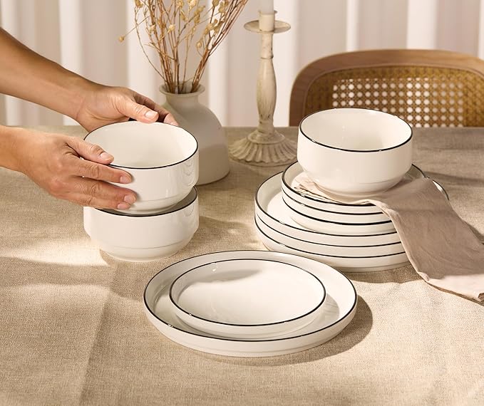 Ceramic Dinnerware Set, 12-Piece Service for 4, Round, Microwave and Dishwasher Safe, Cambridge Classics (French)-Ruum Studio Home