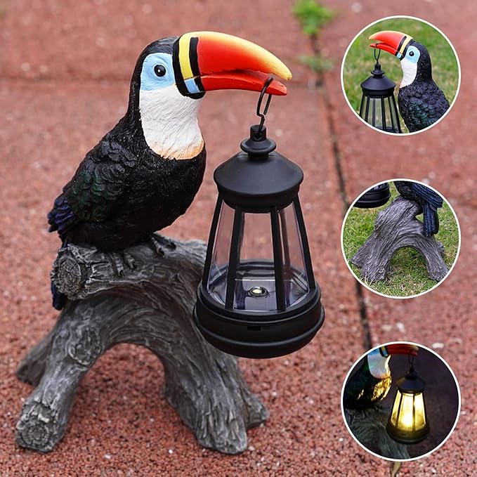 Toucan Garden Statues Decor, Solar Waterproof 9.5" Colorful Tropical Bird Sculpture with LED Lights Funny Garden Outdoor Exotic Bird Sculpture Decoration for Lawn Porch Yard Patio Tiki Bar-Ruum Studio Home