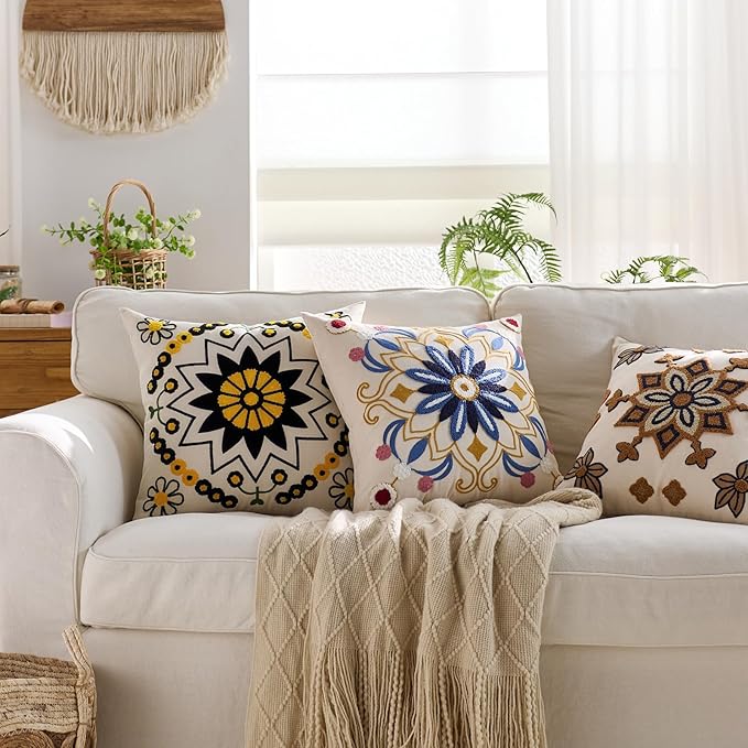 Embroidered Throw Pillow Cover 18x18 Classic Boho Floral Pattern Pillows Cover Outdoor Decorative Pillowcase,Durable Cozy Textured Cushion Case for Sofa Couch Bed Living Room,Black Orange-Ruum Studio Home