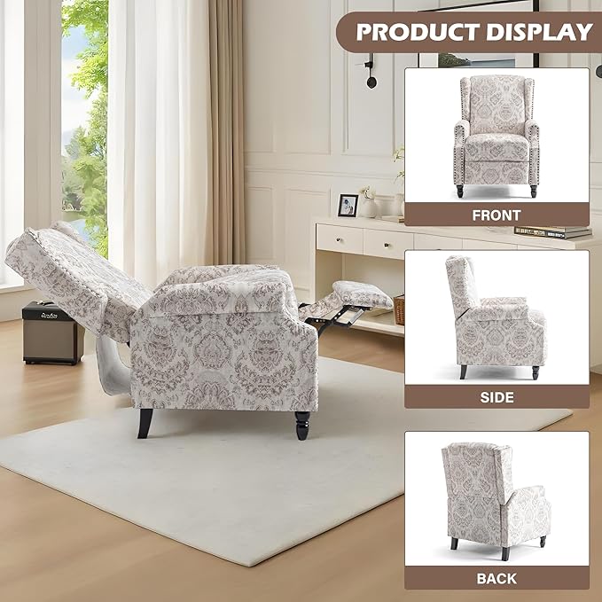 UIXE Recliner Chair, Fabric Upholstered Armchair Pushback Accent Chair for Living Room, Floral Rivet Trim Club Chair Home Theater Single Sofa Reading Seat - Beige Pattern-Ruum Studio Home